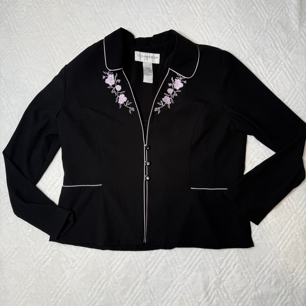 Coquette Twee Vintage Sag Harbor Black Pink Floral Embroidered Blazer 14